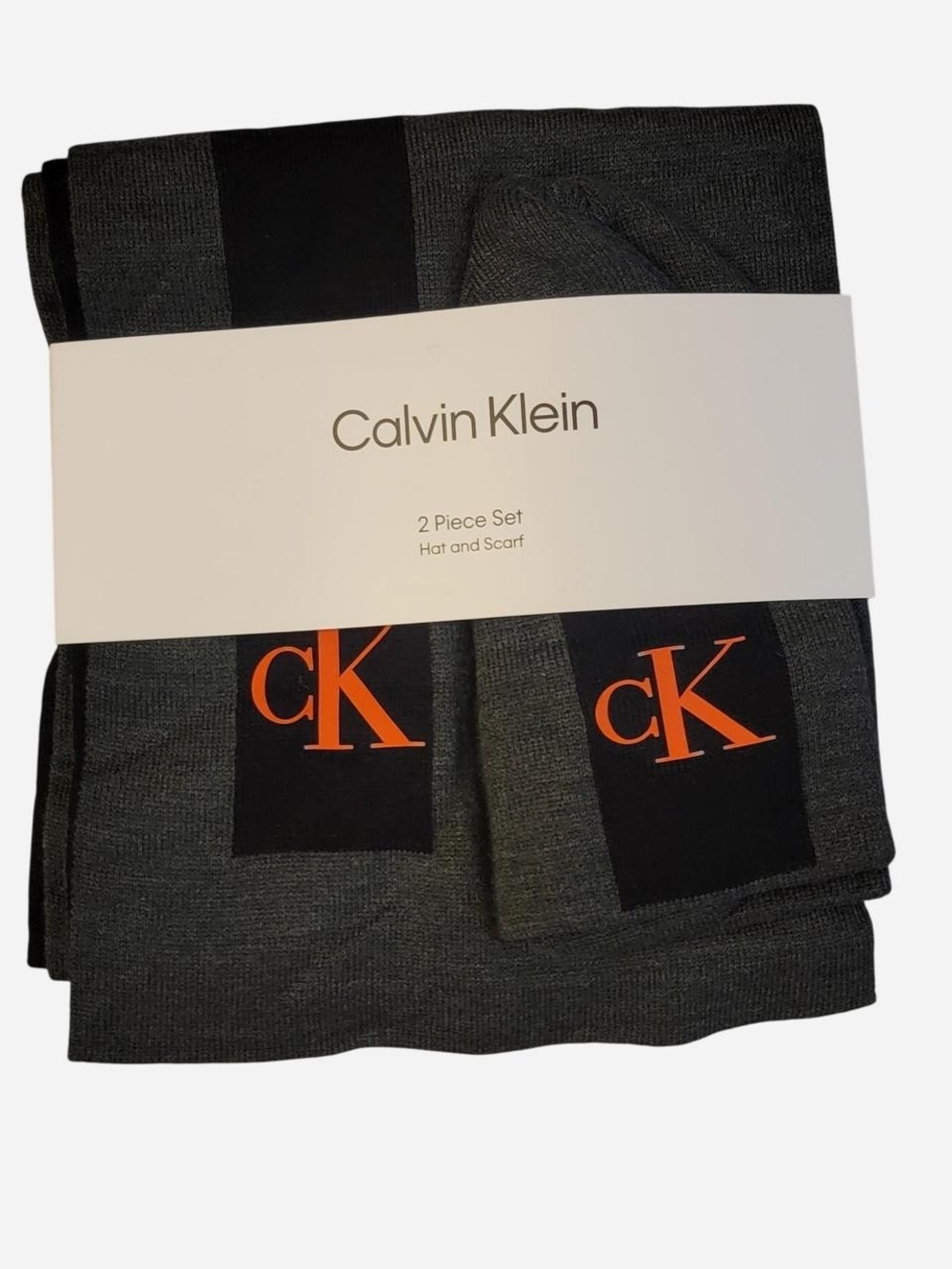 Calvin Klein Men's Dark Gray & Black Hat and Scarf Set with Orange CK Accent